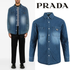 PRADA 프라다 클래식 투포켓 트라이앵글 워싱 데님셔츠