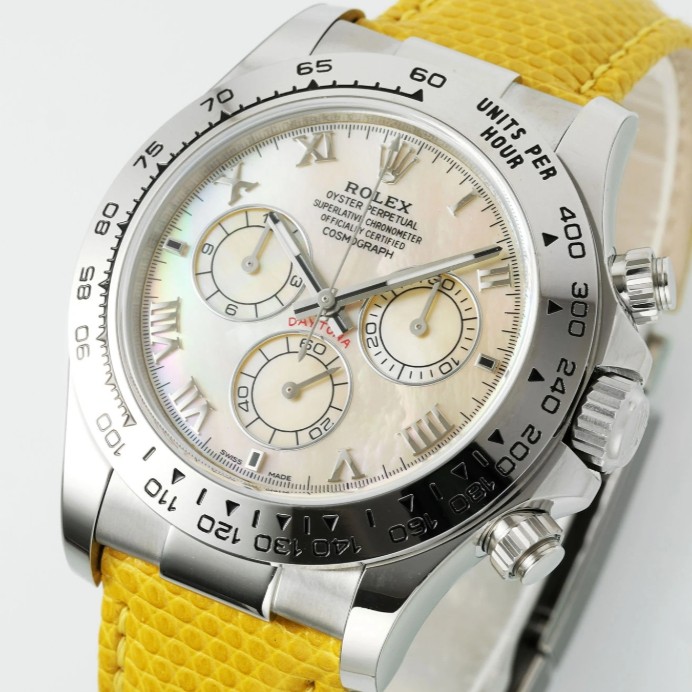 ROLEX 로렉스 데이저스트 데이토나 비치 에디션 옐로우 자개 로만 다이얼 가죽 스트랩 40mm 116519