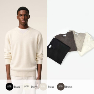 AMI 아미 드 꾀흐 까마이외 자수  V넥 울 스웨터