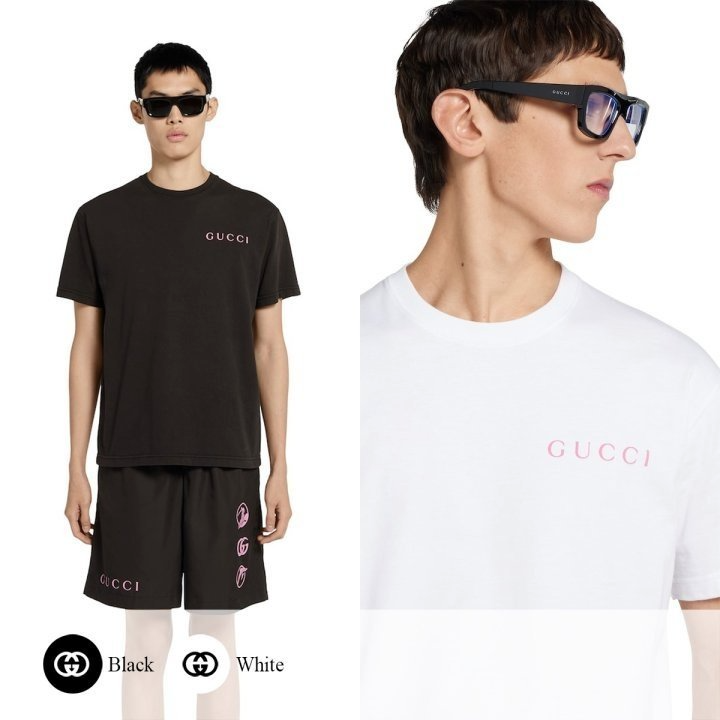 GUCCI 구찌 핑크 로고 프린트 티셔츠